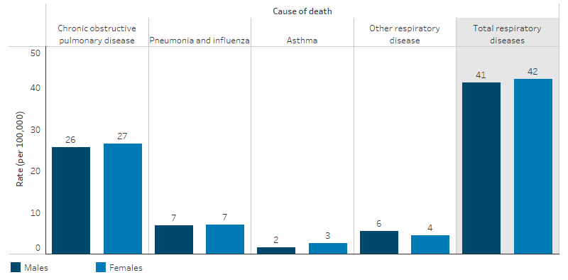 This bar chart shows that the death rate due to respiratory diseases among Indigenous males and females was highest for Chronic obstructive pulmonary disease (26 per 100,000 and 27 per 100,000, respectively) and lowest for Asthma (2 deaths per 100,000 and 3 per 100,000). The death rate due to pneumonia and influenza was the same for Indigenous males and females (both 7 per 100,000).