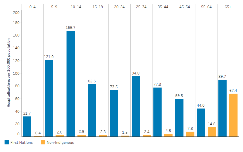 This bar chart shows that the hospitalisation rate of acute rheumatic fever increased with 5-year age groups for First Nations children and adolescents aged up to 10-14 (166.7 per 100,000) and generally decreased thereafter. In contrast, among non-Indigenous Australians, the hospitalisation rate was highest for those aged 65 and over (67.4 per 100,000). 