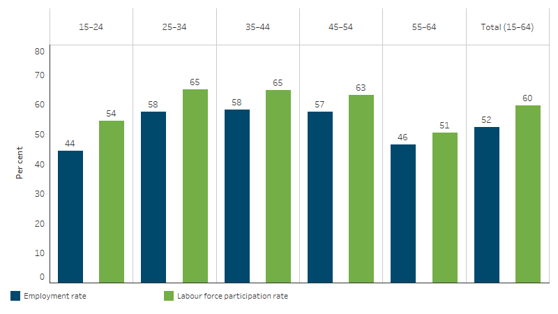 This bar chart shows across age groups, employment and labour force participation rates were highest for those aged 25-34 and 35-44 (58% and 65% in both age groups, respectively).