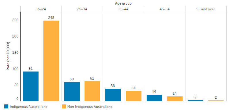 This bar chart shows that, with the exception of the 15–24 age group, enrolments rates were similar for Indigenous and non-Indigenous Australians, and decreased by age group, ranging from around 60 per 10,000 for those aged 25–34 to 2 per 10,000 for those aged 55 and over. The Indigenous rate for those aged 15–24 was nearly one-third that of the non-Indigenous rate, 91 per 10,000 compared with 248 per 10,000.
