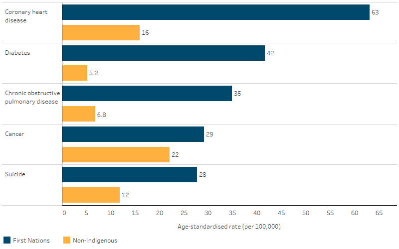 This bar chart shows that age-standardised rates of potentially avoidable deaths were higher for First Nations people than for non-Indigenous Australians for the 5 leading causes of death. 