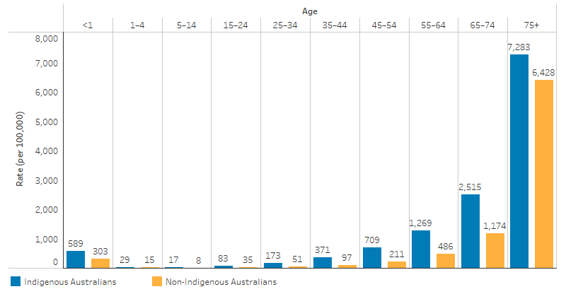 This bar chart shows that the death rate for Indigenous Australians was higher than for non-Indigenous in all age groups. The death rate for infants less than 1 year old was 589 per 100,000 for Indigenous Australians, compared with 303 for non-Indigenous Australians. The lowest death rates were for those aged 5 to 14, for Indigenous Australians a rate of 17 per 100,000 and for non-Indigenous Australians 8 per 100,000. Death rates then increased with age. For Indigenous Australians aged 75 and over, the death rate was 7,283 per 100,000, compared with 6,428 per 100,000 for non-Indigenous Australians. 