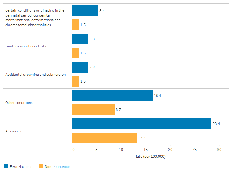 This bar chart shows that the overall death rate among First Nations children was higher than that of non-Indigenous children (28.4 compared with 13.2 per 100,000). The leading causes of death for First Nations children was certain conditions originating in the perinatal period, land transport accidents and accidental drowning.  