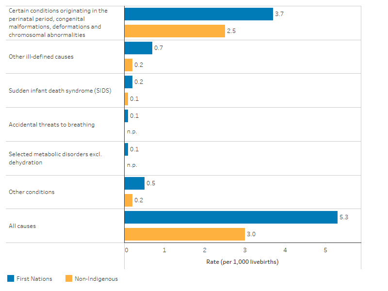 This bar chart shows that among infants over half of all deaths (3.7 per 1,000 livebirths for First Nations infants and 2.5 per 1,000 live births for non-Indigenous infants) were caused by certain conditions originated in perinatal period, congenital malformations, deformations and chromosomal abnormalities. 