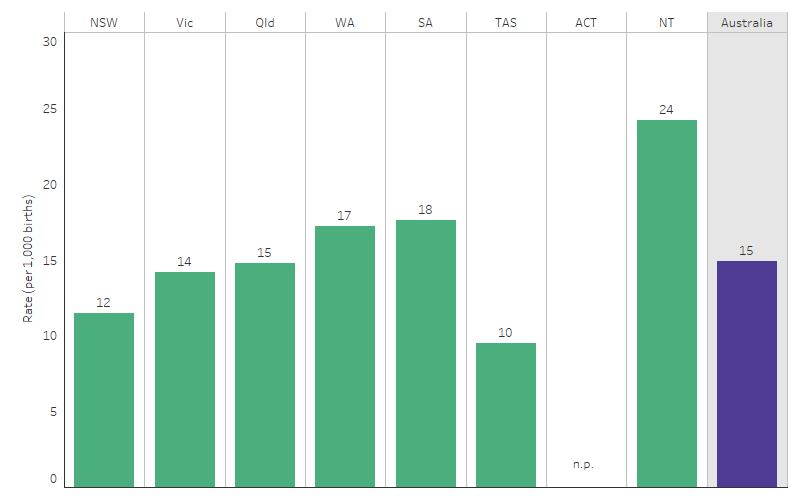 The column chart shows that the rate of perinatal deaths for First Nations babies was highest in the Northern Territory (24 per 1,000 live births), followed by South Australia (18 per 1,000), and was lowest in Tasmania (10 per 1,000). The perinatal mortality rate in the Northern Territory was nearly 2.5 times as high as that in Tasmania. 