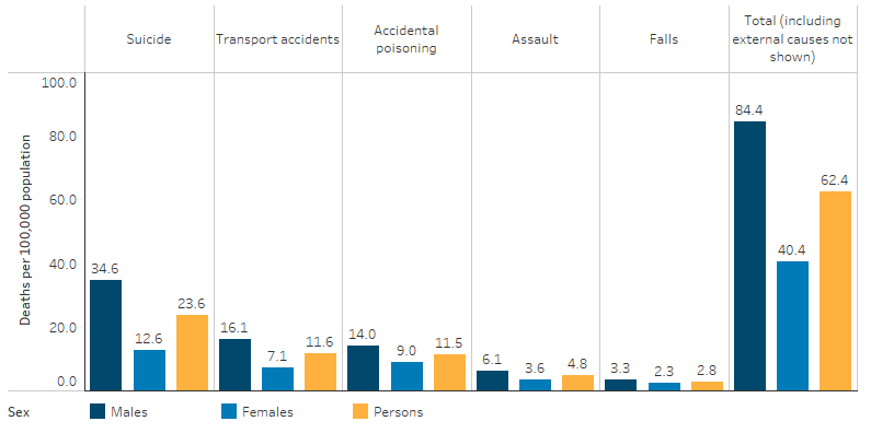 This bar chart shows that suicide was the leading cause of injury and poisoning death for Indigenous Males and Females (35 per 100,000 and 16 per 100,000, respectively). For Indigenous Males the second leading cause of injury and poisoning deaths was transport accidents (16 per 100,000) while for Indigenous Females it was Accidental poisoning (9 per 100,000).