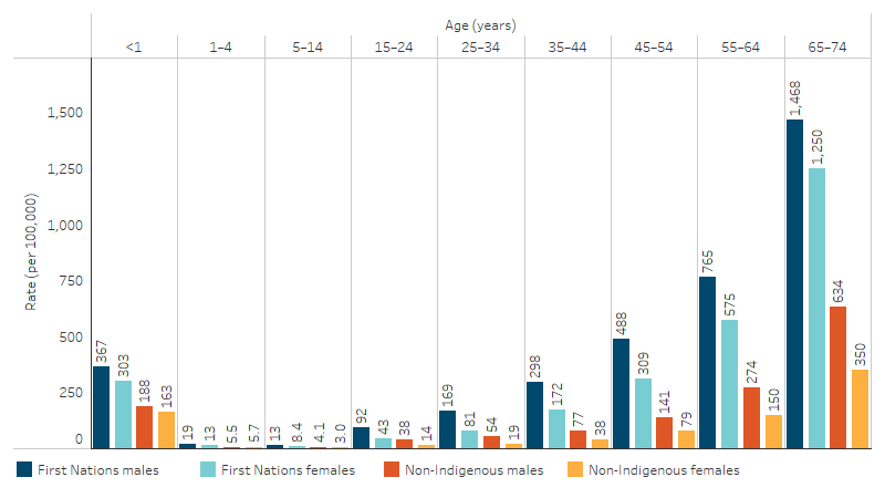 This column chart shows that in the period 2019&ndash;2023 the rates of potentially avoidable deaths were higher for First Nations males and females than for non-Indigenous males and females across all age groups.
