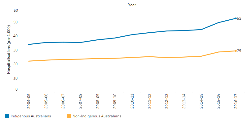 The line graph that the rates of hospitalisation for a principal diagnosis of injury and poisoning increased for 34 per 1,000 in 2004–05 to 53 per 1,000 in 2016–17 for Indigenous Australians, and from 22 to 29 per 1,000 for non-Indigenous Australians.