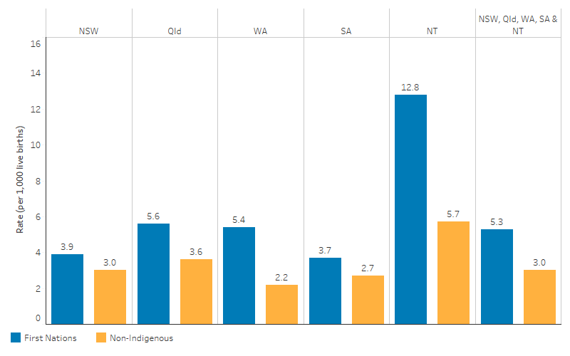 This column chart shows that the infant death rate was highest in the Northern Territory, for both First Nations infants (12.8 per 1,000 live births) and non-Indigenous infants (5.7 per 1,000). The infant death rate was the lowest in New South Wales for First Nations infants (3.9 per 1,000) and in Western Australia for non-Indigenous infants (2.2 per 1,000). 