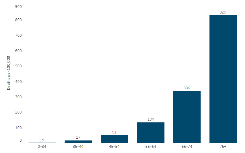 This bar chart shows the death rate due to respiratory diseases increases with age. The death rate due to respiratory diseases was lowest for those aged 0&ndash;34 (1.9 per 100,000 population), and highest for those aged 75 and over (829 per 100,000).
