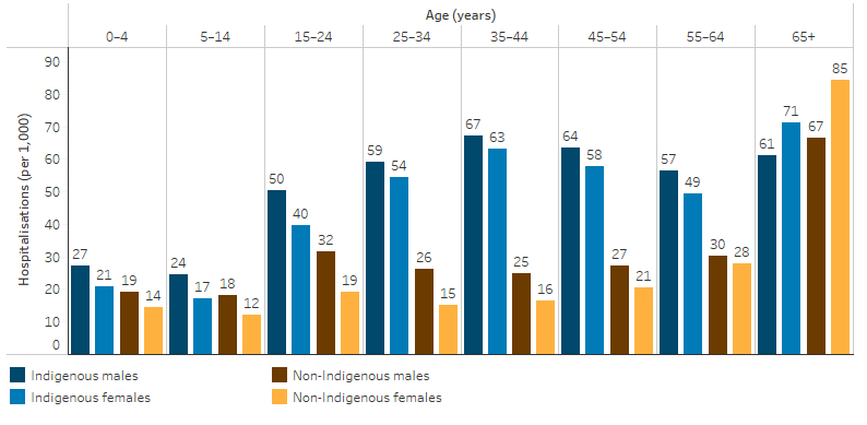 This bar chart shows that, for Indigenous males, the rate of hospitalisation for a principal diagnosis of injury and poisoning was highest in the 35–44 age group (67 per 1,000, compared with 25 per 1,000 for non-Indigenous males) and was lowest in the 5–14 age group (24 per 1,000 compared with 18 per 1,000 for non-Indigenous males). For Indigenous females, the rate was highest for those in the 65 and over age group (71 per 1,000, compared to 85 per 1,000 for non-Indigenous females) and lowest was in 5–14 age group (17 per 1,000 compared with 12 per 1,000 for non-Indigenous females).