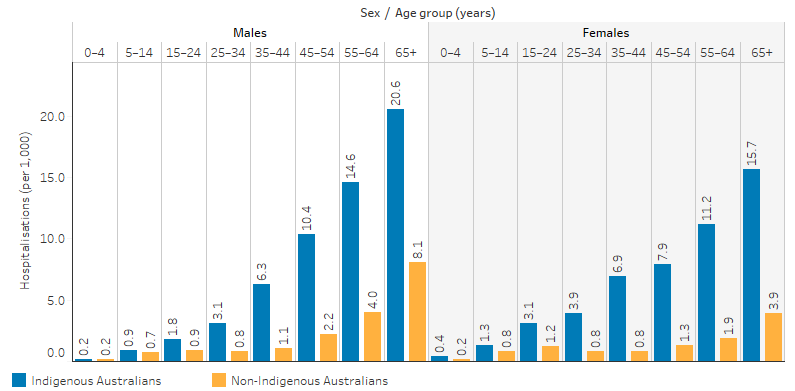 This bar chart shows that, the hospitalisation rate for a principal diagnosis of diabetes increased with age for Indigenous and non-Indigenous males and females. For Indigenous males, rates increased from 0.2 per 1,000 for those aged 0-4 to 21 per 1,000 for those aged 65 and over. For Indigenous females, rates increased from 0.4 per 1,000 for those aged 0-4 to 16 per 1,000 for those aged 65 and over. Hospitalisation rates were consistently higher for Indigenous males and females than non-Indigenous males and females.