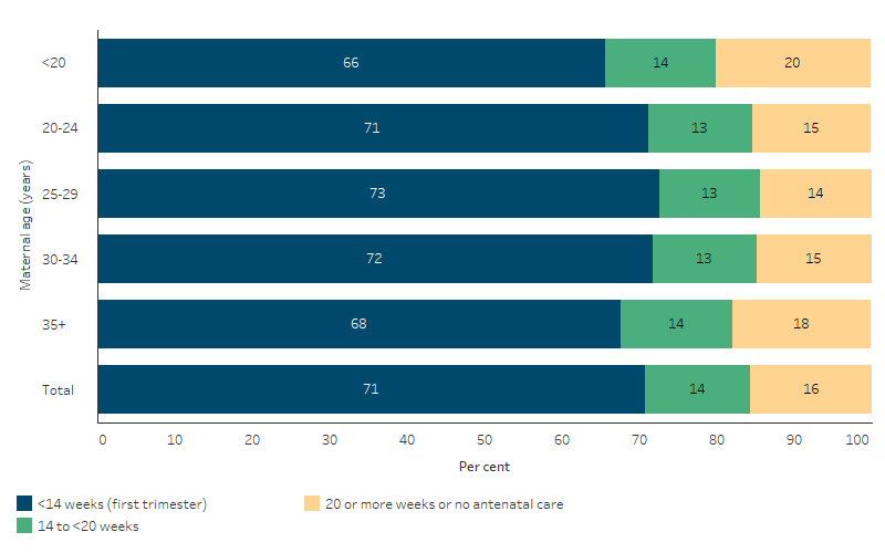 This bar chart shows that the proportion of First Nations mothers having their first antenatal visit in the first trimester of pregnancy (25-29 years) at 73% being highest and the lowest (20 years and under) 66%. Between 14 to 20 weeks the highest was Between (20 years and under and 35 and over) 14%. Between 20 and more weeks (20 years and under) was the highest again at 21%.