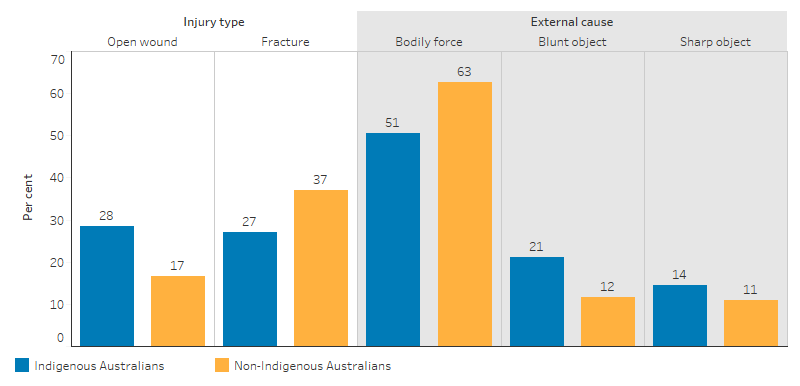 This bar chart shows that, for Indigenous Australians, the most common external causes of assault were use of: bodily force (51%), blunt objects (21%), and sharp objects (14%). The most common injury sustained were open wound and fractures (28% and 27% respectively). 
