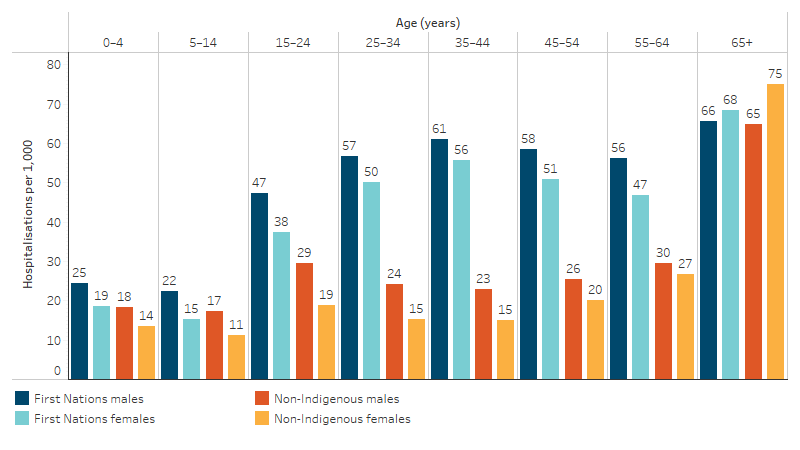 This bar chart shows that, for both First Nations males and females and non-Indigenous males and females, the rate of hospitalisation for a principal diagnosis of injury and poisoning was highest in the 65 and over age group (65 and 67 per 1,000 for First Nations males and females respectively, compared with 64 and 75 per 1,000 for non-Indigenous males and females respectively). The hospitalisation rate for both First Nations males and females was lowest in the 5&ndash;14 age group (22 per 1,000 and 15 per 1,000, respectively).
