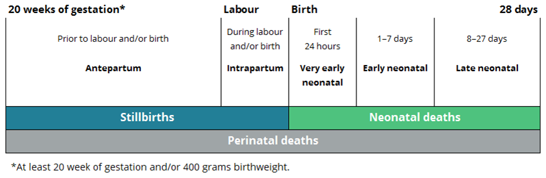 This chart shows the overall definitions of perinatal death. Perinatal mortality is defined as deaths commencing between at least 20 weeks gestation (fetal deaths or ‘stillbirths’) and deaths of liveborn babies within the first 28 days after birth (neonatal deaths). 