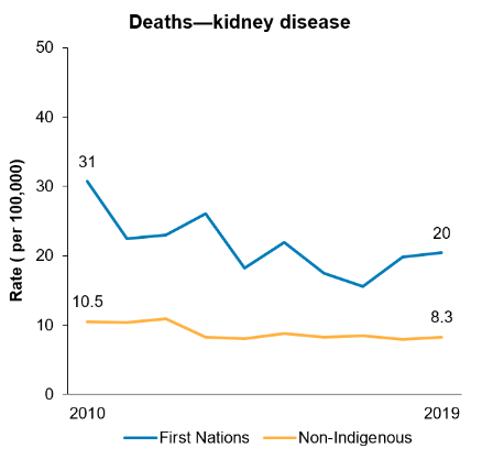 The second line chart shows that the age-standardised death rate from kidney disease among First Nations people decreased over the decade to 2019, however there was no clear change in the gap between First Nations people and non-Indigenous Australians over this period.