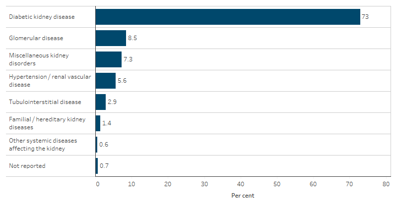 This bar chart shows that, in 2020&ndash;2022, the most common type of primary kidney disease of new First Nations patients was diabetic kidney disease (73%). This was followed by glomerular disease (8.5%), miscellaneous kidney disorders (7.3%) and hypertension/renal vascular disease (5.6%).