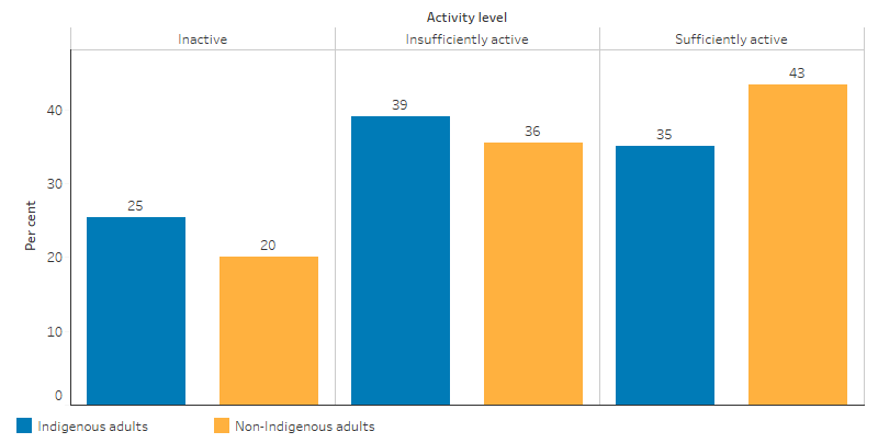 This bar chart shows that 35% of Indigenous adults and 43% of non-Indigenous adults had were sufficiently active, 25% of Indigenous adults and 20% of non-Indigenous adults were inactive.