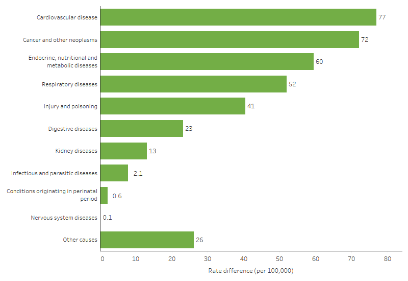 This bar chart shows that cardiovascular disease accounted for the largest gap in mortality rates between First Nations people and non Indigenous Australians, followed by cancer and other neoplasms, endocrine, metabolic and nutritional disorders (including diabetes), and respiratory diseases.