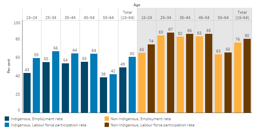 This bar chart shows that the employment and labour force participation rates for Indigenous Australians were lower than that of non-Indigenous Australians. The rates were highest among those aged 25 to 54 in both populations. 