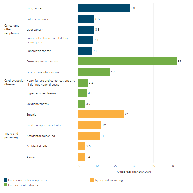 This bar chart presents specific causes of death within the top 3 leading cause groups for First Nations people. In the 5-year period 2019&ndash;2023, coronary heart disease was the leading specific cause of death for cardiovascular disease (52 deaths per 100,000), while lung cancer was the leading specific cause of death for cancer and neoplasms (28 deaths per 100,000). Suicide was the leading specific cause of death for the broad group of injury and poisoning (24 deaths per 100,000).