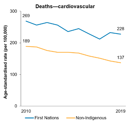 The second line chart shows that, over the period from 2010 to 2019, the death rate due to cardiovascular disease decreased from 269 to 228 deaths per 100,000 for First Nations people and from 189 to 137 deaths per 100,000 for non-Indigenous people.