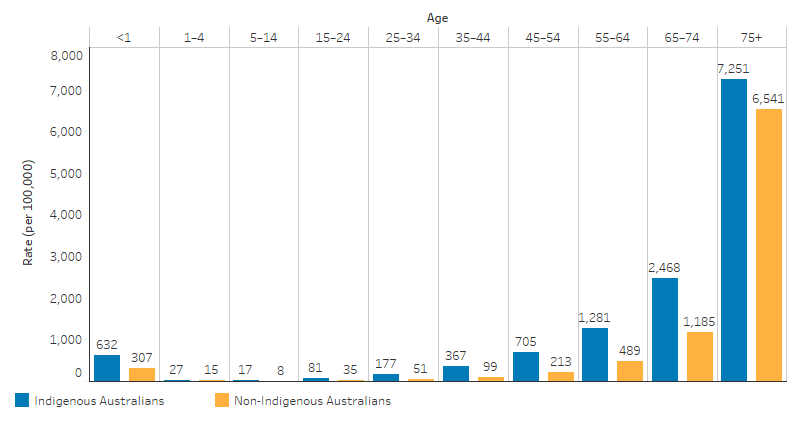 This bar chart shows that the death rate  per 100,000 for Indigenous Australians was higher than for non-Indigenous in all age groups. The death rate for infants less than 1 year old was 632 per 100,000 for Indigenous Australians, compared with 307 for non-Indigenous Australians. The lowest death rates were for those aged 5 to 14, for Indigenous Australians a rate of 17 per 100,000 and for non-Indigenous Australians 8 per 100,000. Death rates then increased with age. For Indigenous Australians aged 75 and over, the death rate was 7,251 per 100,000 compared with 6,541 per 100,000 for non-Indigenous Australians.