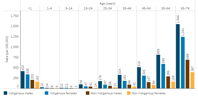 This column chart shows in the period 2015 -2019 that, for all age groups, Indigenous males who died from potentially avoidable causes tended to be younger than Indigenous females who died from these causes – 59% of potentially avoidable deaths for Indigenous males occurred before age 55 compared with 51% of deaths for Indigenous females. The rates of potentially avoidable deaths were higher for Indigenous Australians than for non-Indigenous Australians across all age groups. The rate of potentially avoidable deaths was highest for Indigenous Australians aged 65–74 (1,383 deaths per 100,000 population), and this age group also had the largest absolute difference in rates between Indigenous and non-Indigenous Australians (a difference of 848 deaths per 100,000 population). 