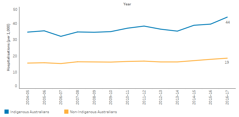 This line chart shows that, for Indigenous Australians the hospitalisation rate for a principal diagnosis of diseases of the respiratory system increased from 35 per 1,000 in 2004-05 to 44 per 1,000 in 2016-17, and increased from 16 to 19 per 1,000 for non-Indigenous Australians.