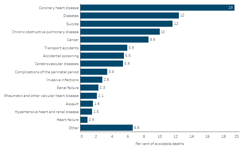 This bar chart shows that the leading causes of potentially avoidable deaths among First Nations people in 2019&ndash;2023 were coronary heart disease (19% of avoidable deaths), diabetes (12%), suicide (12%) and chronic obstructive pulmonary disease (10%).