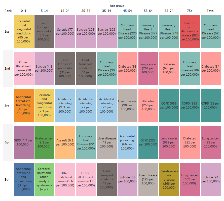This grid chart shows that the leading specific cause of death among First Nations people aged between 45 and 74 was coronary heart disease, with death rates increasing with age. For First Nations people aged between 15 and 44, the leading cause of death was suicide.